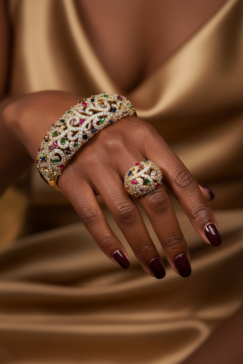 A matching jewelry set consisting of a wide gold cuff bracelet and a large dome ring