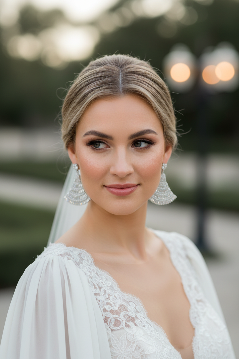 Pair of silver earrings , Pairs beautifully with strapless or sweetheart necklines, drawing attention upward with its radiant geometric flare.