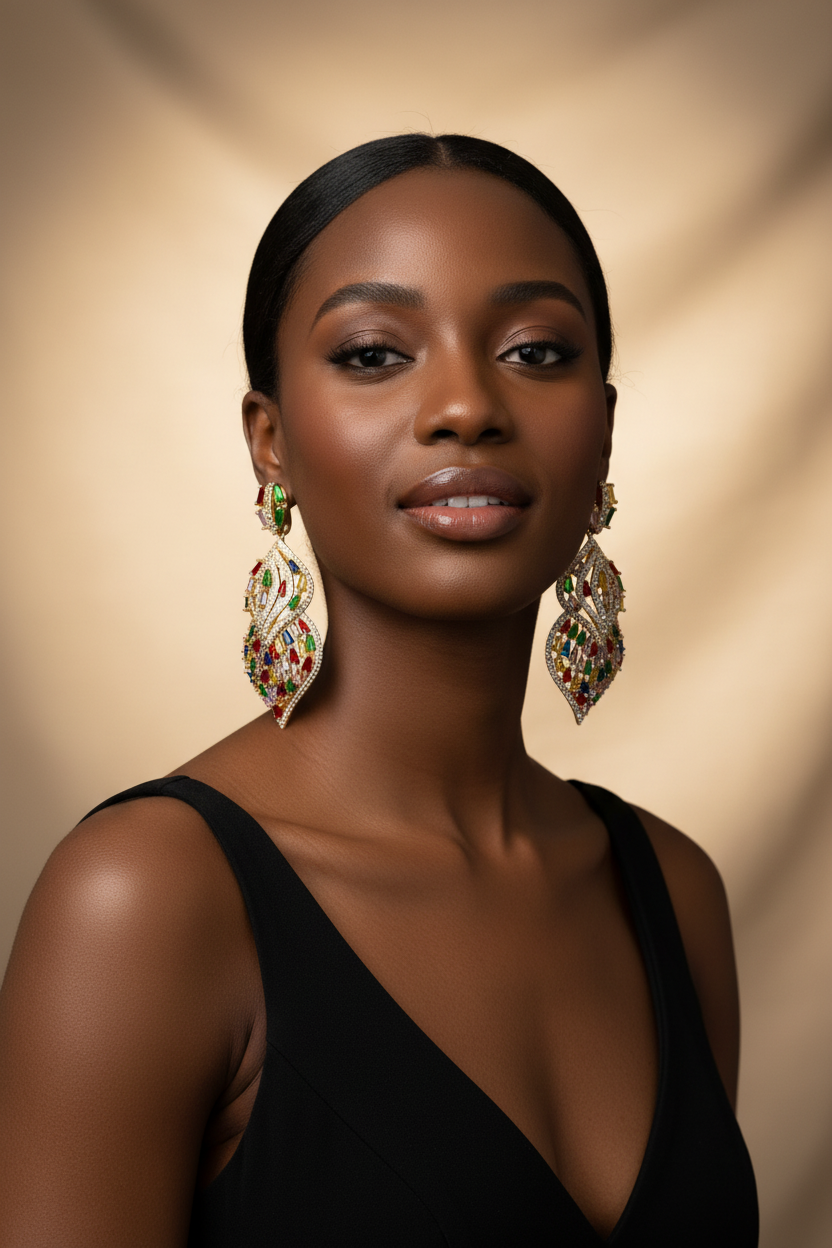 Pair of ornate earrings, The entire framework is densely traced with glittering white pavé zircons, framing a seamless inner mosaic of matching clear, baguette-cut crystals.