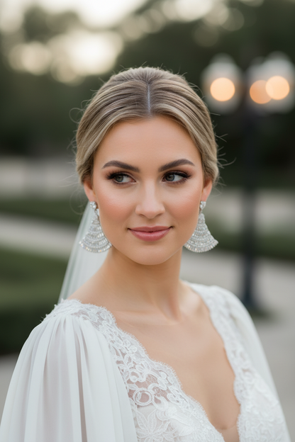 Pair of silver earrings , Pairs beautifully with strapless or sweetheart necklines, drawing attention upward with its radiant geometric flare.