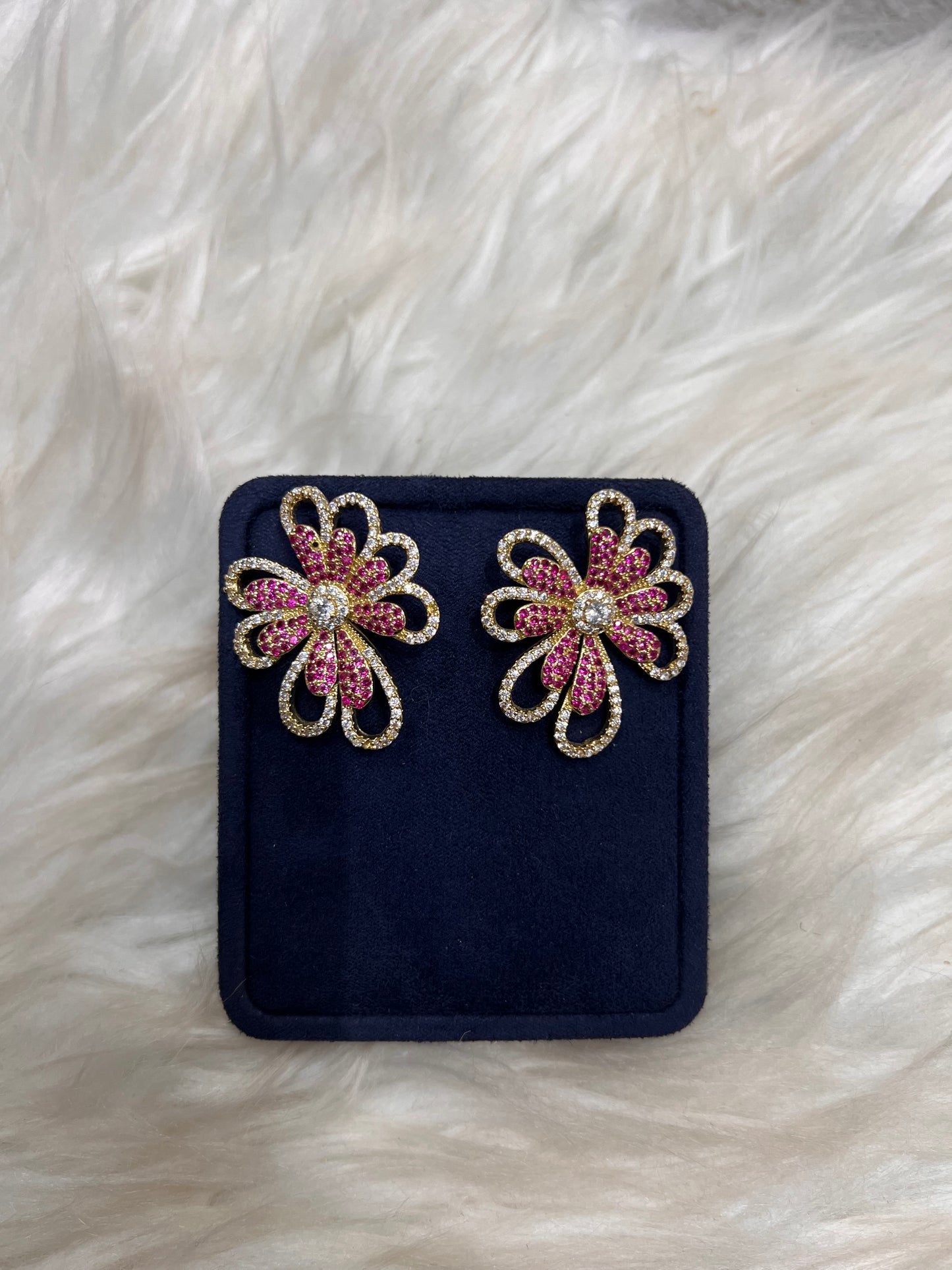 Pair of floral earrings with pink and gold . Lightweight and designed to sit flush against the lobe for effortless comfort.